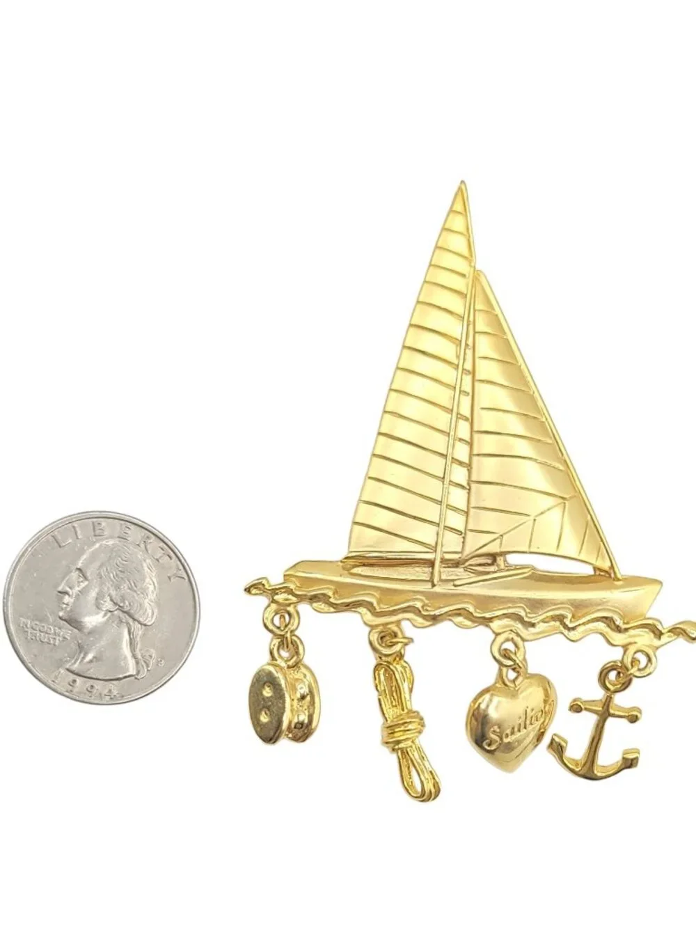 JJ Jonette Jewelry Sailboat Anchor Heart Charm Brooch. Signed